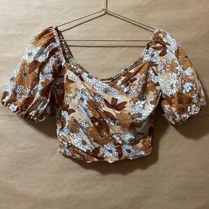 J. Crew | Puff Sleeve Organic Cotton Cropped Top Pleated Zinnia Floral Size XS